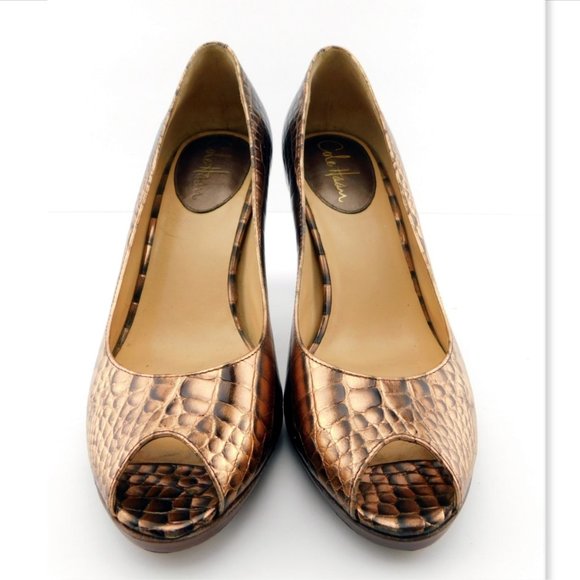 COLE HAAN Nike Air Copper Metallic Leather Croc Open Toe Heel Pumps 8 - Picture 2 of 8